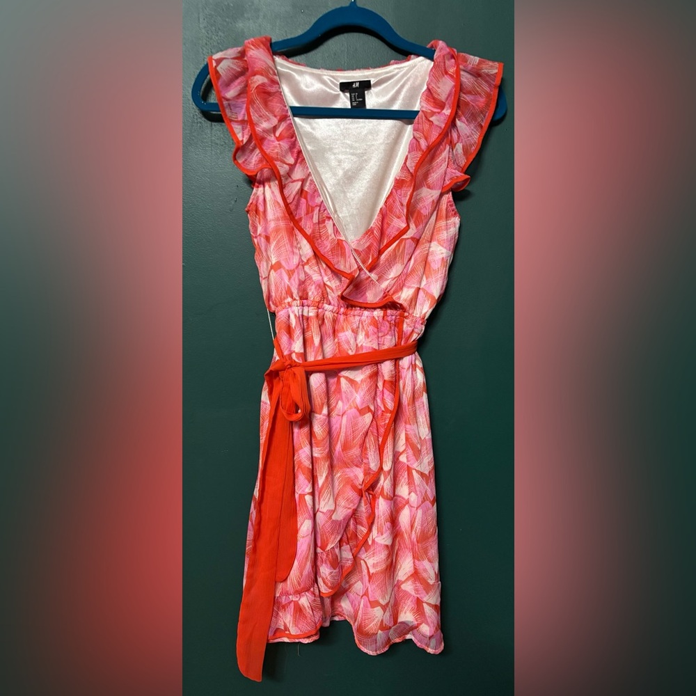 Business Pink and Red Wrap Dress